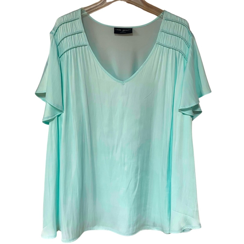Lane Bryant Teal Rounded V-Neck Gathered Shoulder Short Sleeve Blouse Sz 22/24